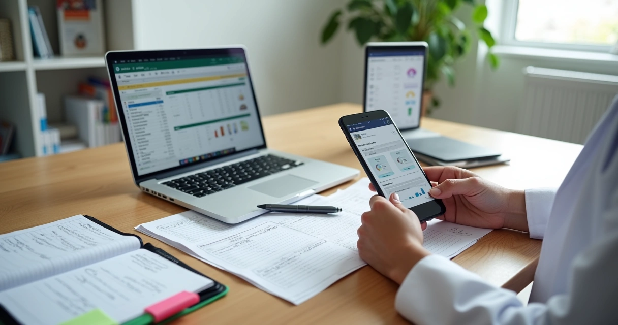 Nutricionista avaliando caderno, planilha em laptop e aplicativo em smartphone sobre a mesa 
