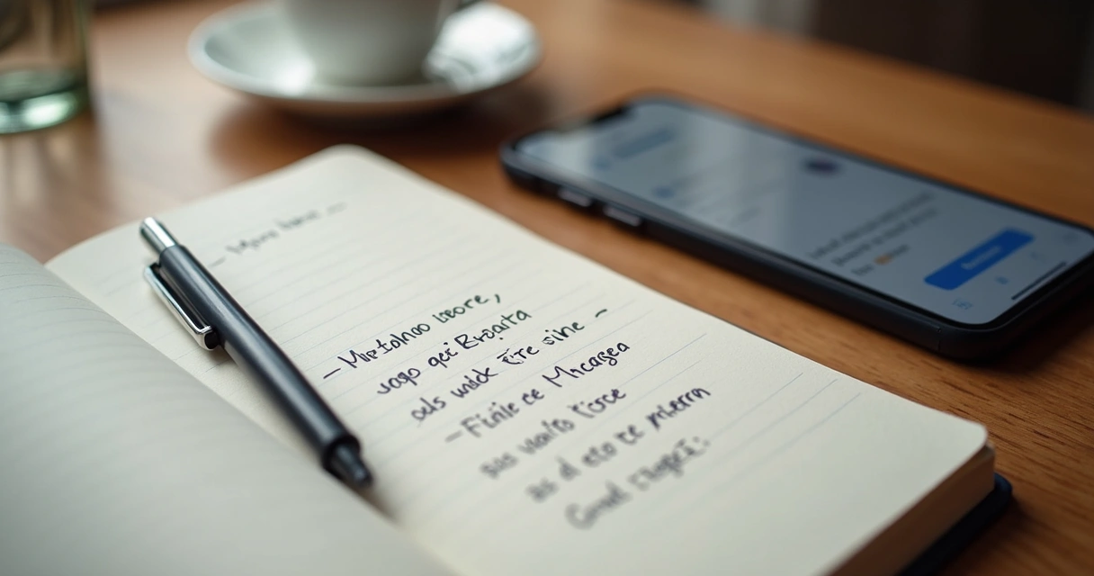 Caderno aberto com anotações reflexivas e celular ao lado 