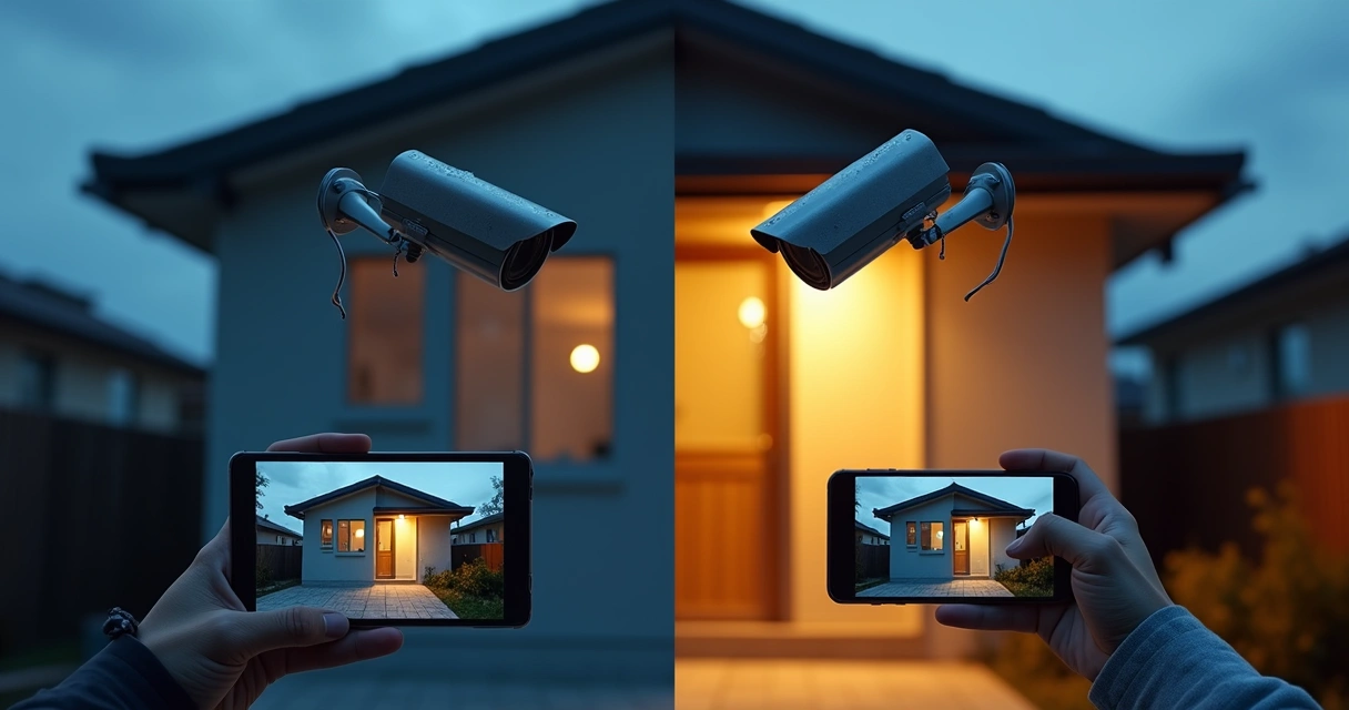 Comparação lado a lado de câmera de segurança profissional e modelo simples 