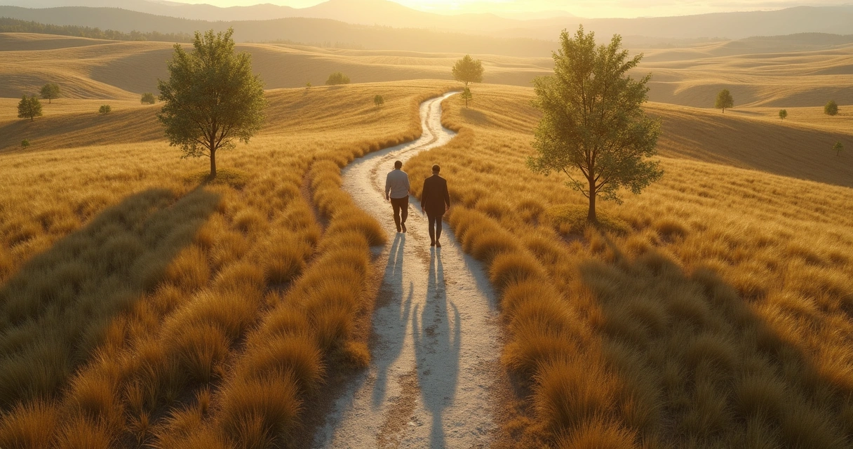 Duas pessoas caminhando em estradas diferentes, árvores ao redor, céu claro 