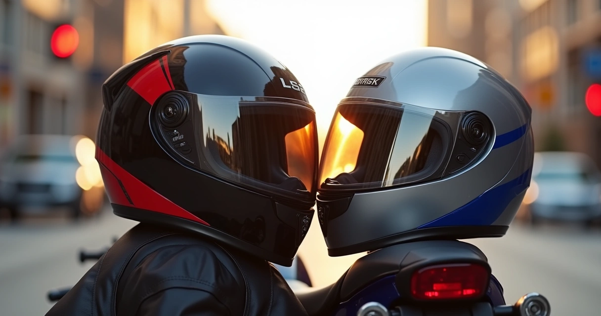 Dois capacetes LS2 e Norisk lado a lado em moto parada em rua urbana 