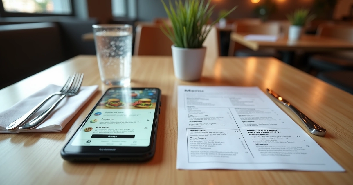 Comparação visual entre cardápio online em celular e cardápio em PDF impresso em mesa de restaurante 