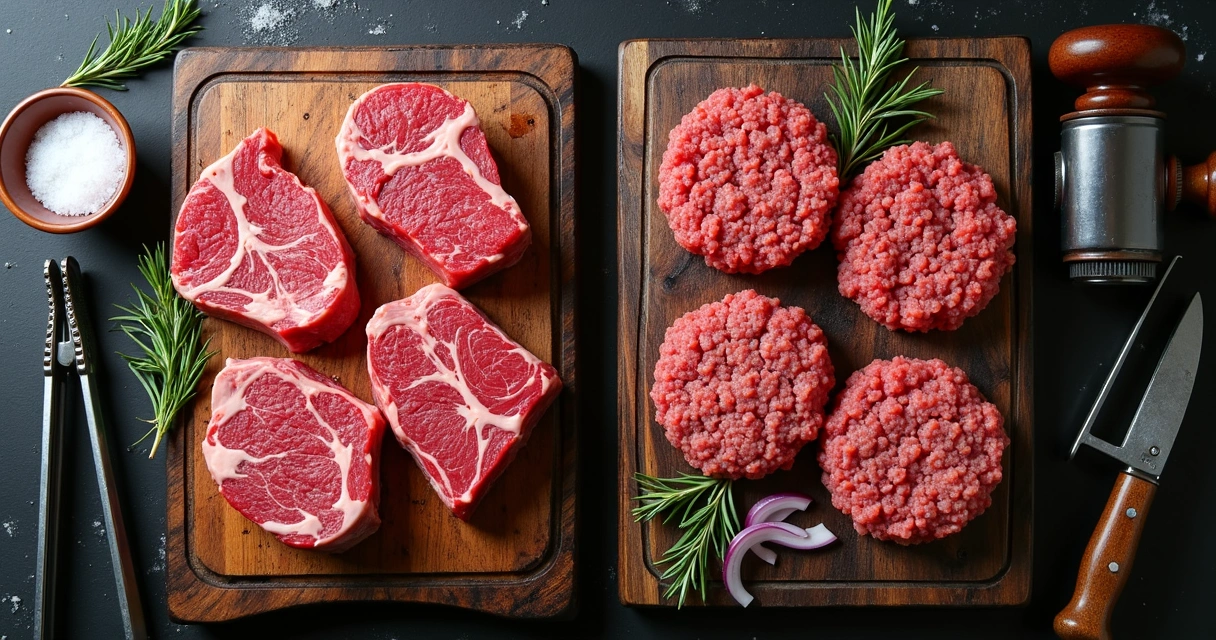 Duas tábuas mostrando corte de carne para churrasco e carne moída modelada em hambúrguer 