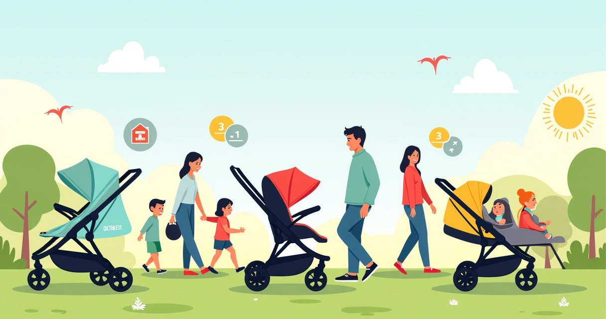 Comparação entre três modelos de carrinhos de bebê em um parque ensolarado com pais felizes. carrinhos de bebê