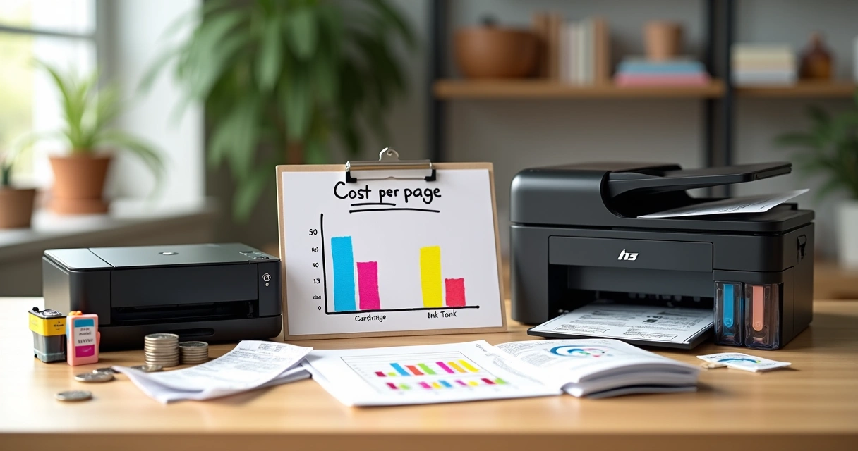 Comparação visual entre cartucho de tinta e tanque de tinta sobre mesa colorida 