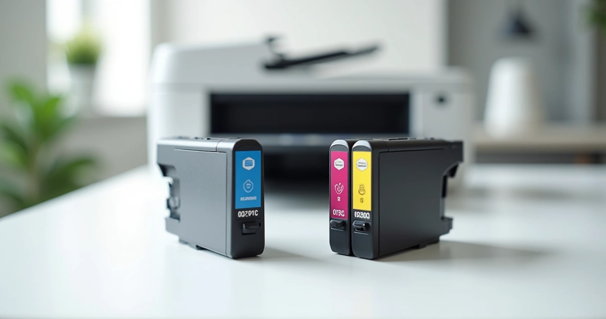 Cartuchos de tinta originais e compatíveis lado a lado sobre mesa branca com impressora ao fundo 