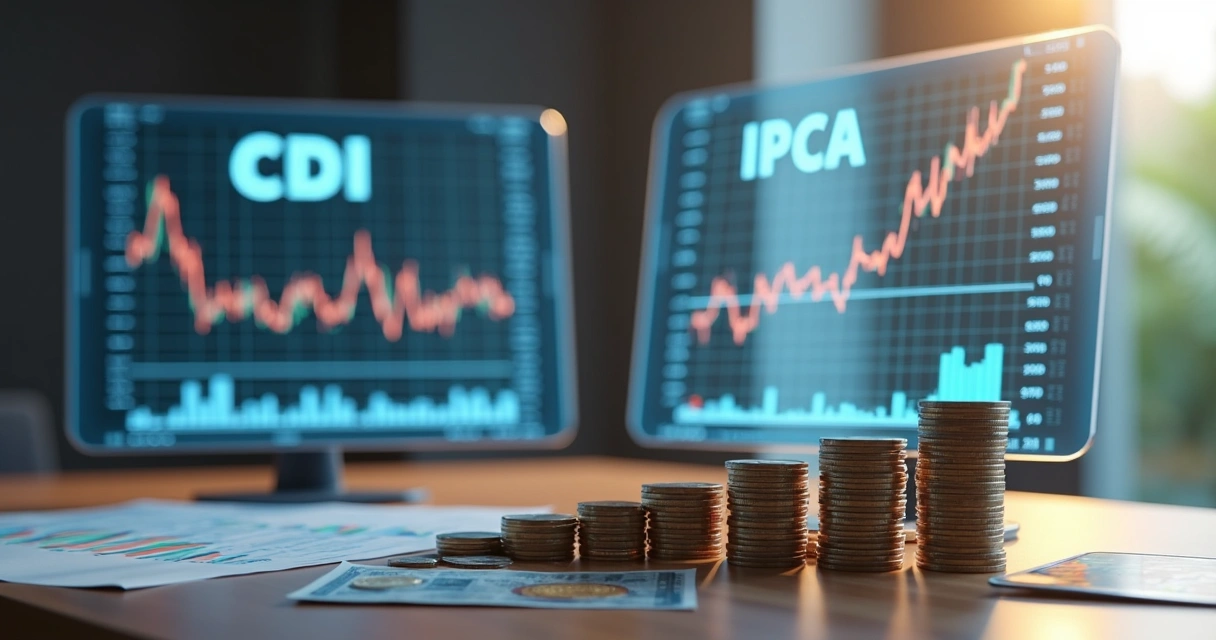 Gráfico financeiro comparando índices CDI e IPCA com moedas e documentos ao fundo 