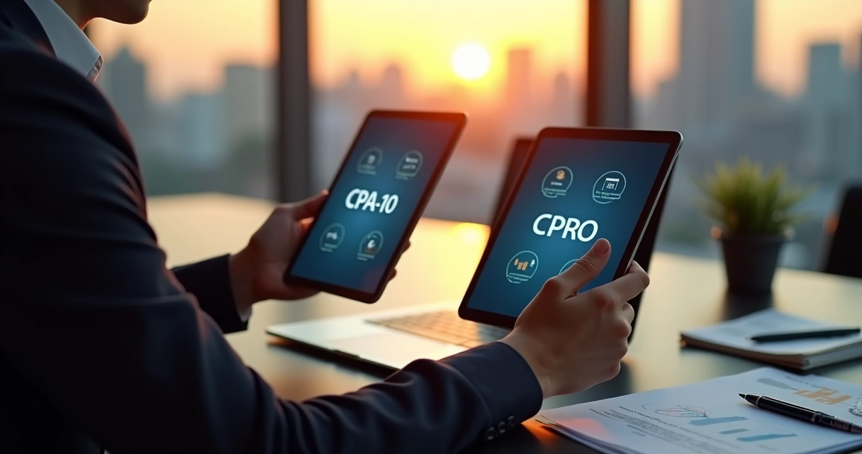 Jovem profissional escolhendo entre duas certificações financeiras em tablets 