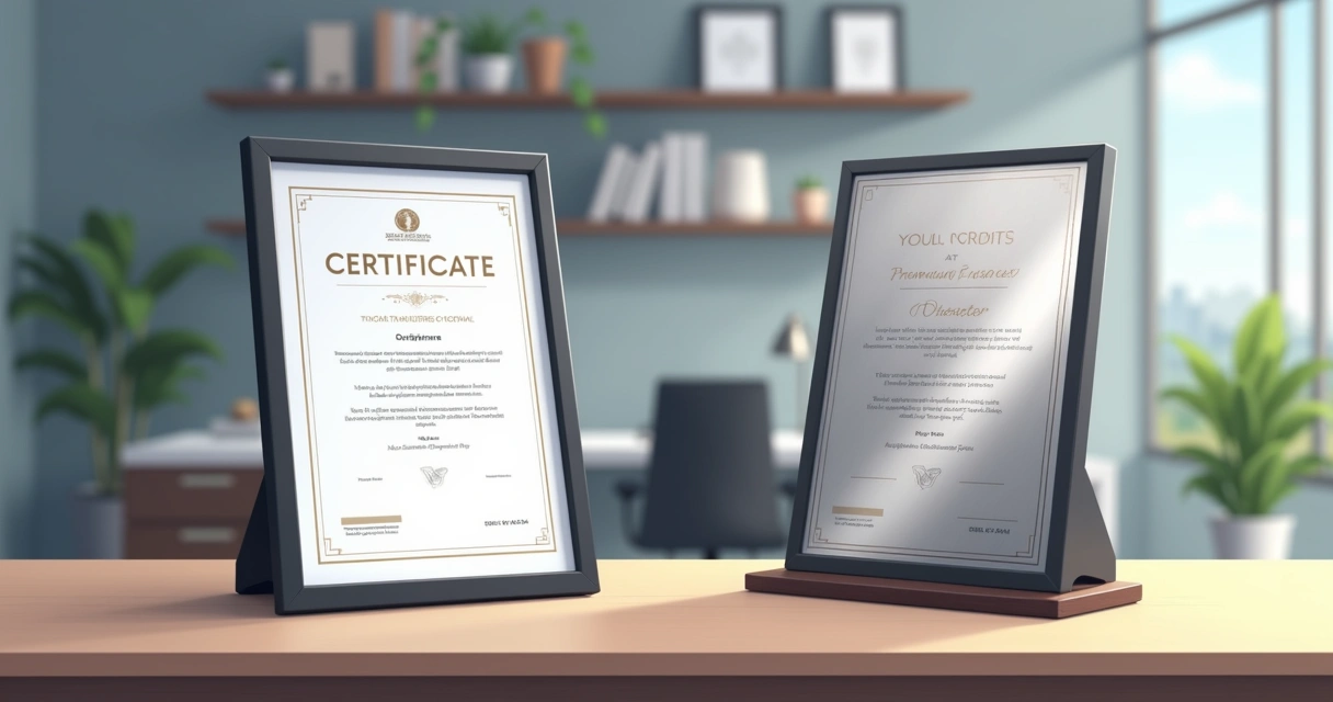 Comparação entre certificado em aço inox e certificado em papel sobre mesa corporativa 