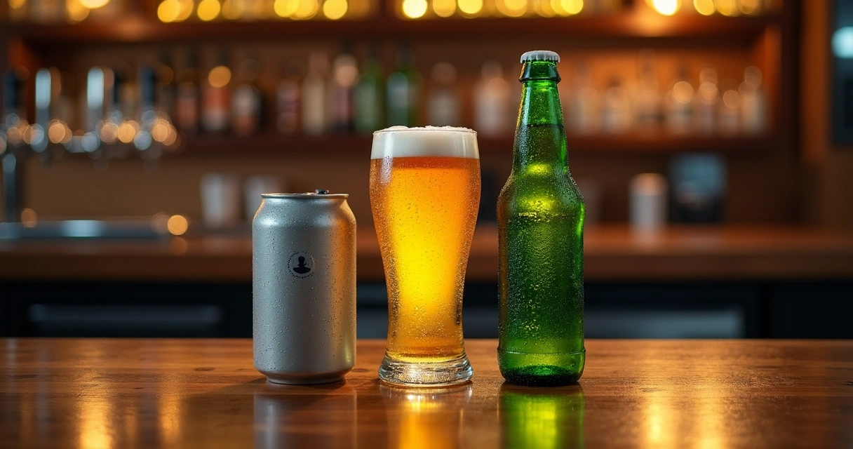 Copo de chope entre lata de cerveja e garrafa long neck sobre balcão de bar 