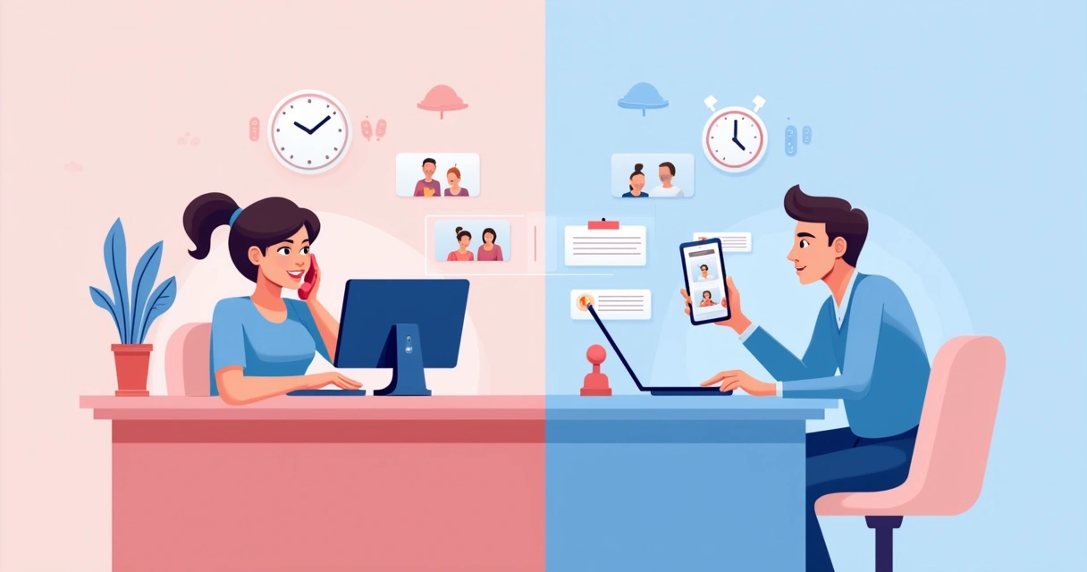 Colagem de recepcionista humana e chatbot ilustrado lado a lado 