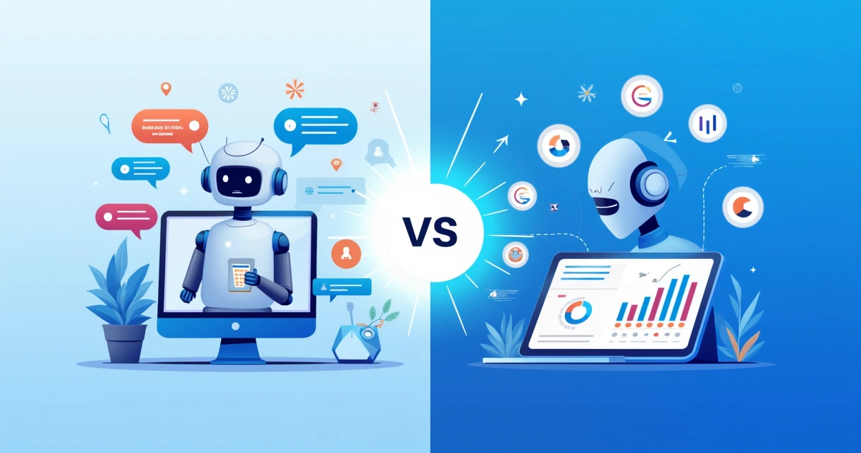Ilustração comparativa de chatbot e agente de IA com interfaces digitais e elementos interativos.