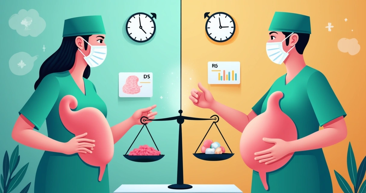 Ilustração comparativa entre cirurgia metabólica e bariátrica com cirurgiões e gráficos de diabetes.