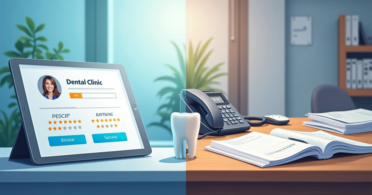 Mesa dividida mostrando um lado com painel online de marketplace, outro com agenda de clínica tradicional.