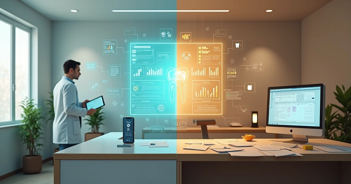 Comparação visual entre clínica odontológica moderna e tradicional dividida ao meio 