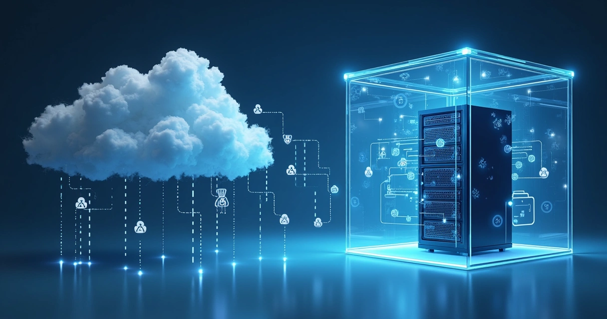 Simulação visual comparando nuvem pública e servidor privado 
