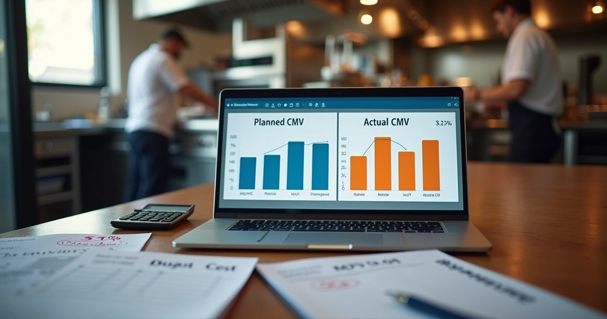 Gestor de restaurante comparando CMV planejado e real em gráficos na tela do computador 