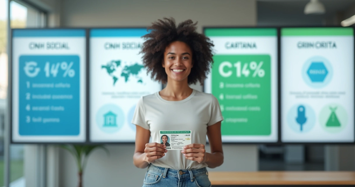 Jovem segurando carteira de motorista ao lado de quadro comparando CNH social e CNH gratuita 