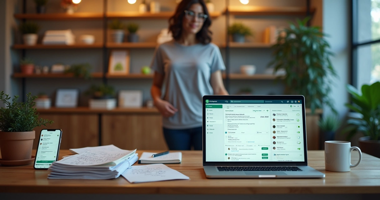 Dono de pequeno negócio comparando cobrança manual e automática na mesa 