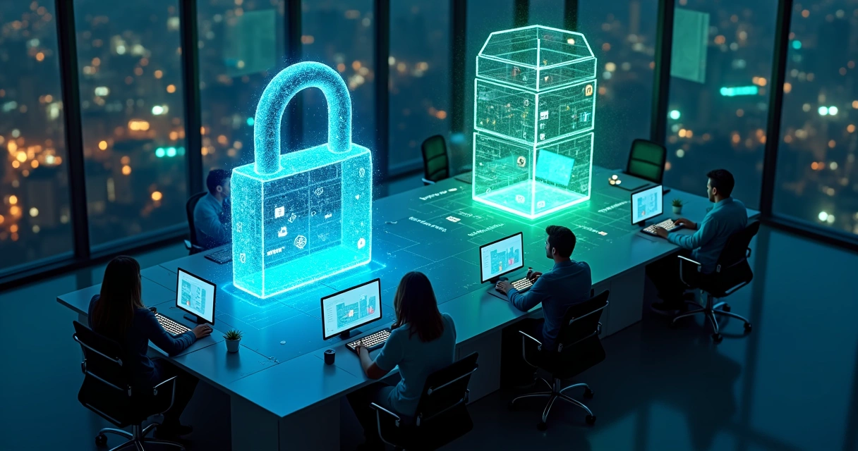 Ilustração comparando cofre digital de senhas com painel de gestão para time de TI 