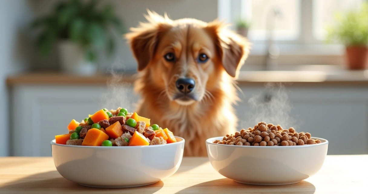 Cão observando prato de comida natural fresca ao lado de ração seca em tigela 