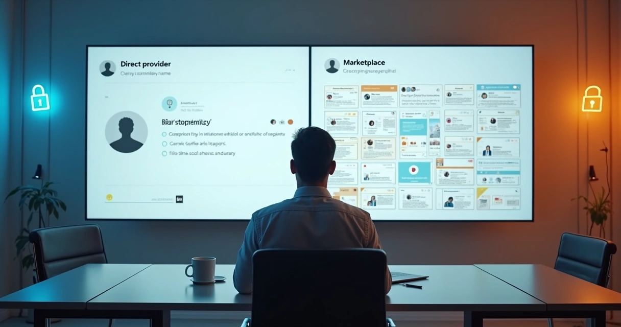 Empreendedor comparando compra direta e marketplace em duas telas grandes lado a lado 