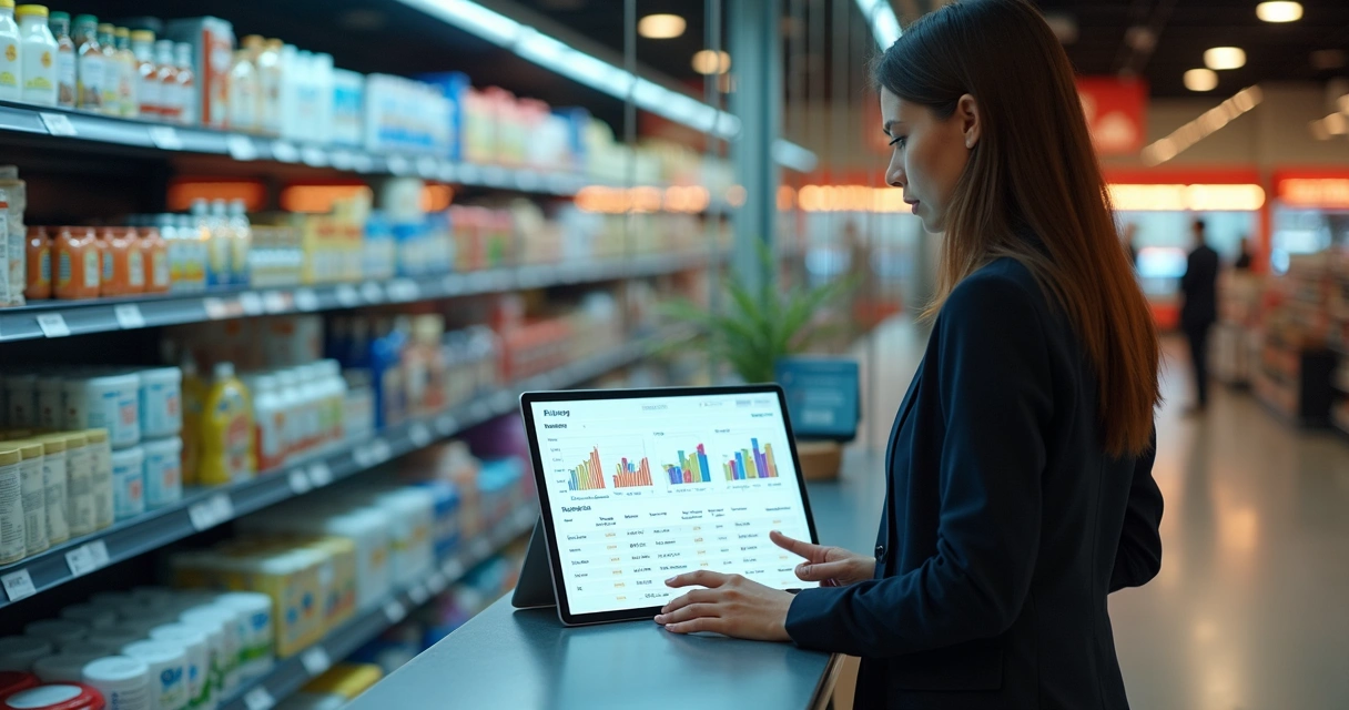 Matriz comparando desempenho de produtos concorrentes no PDV com dados destacados em tablet 