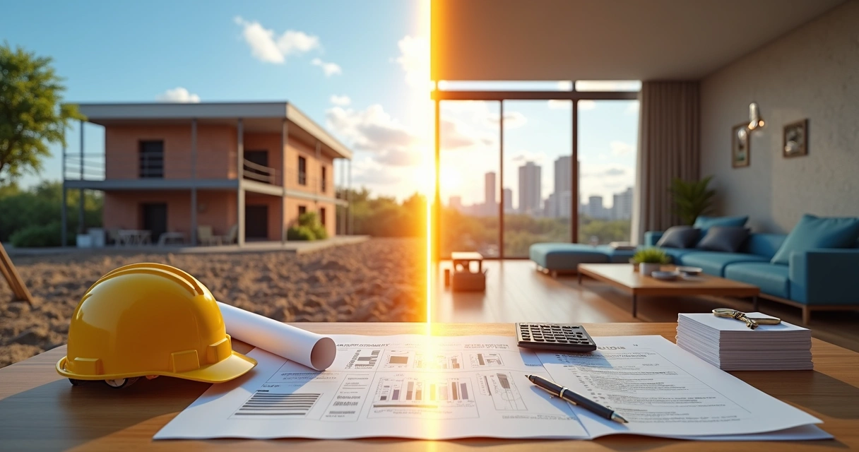 Painel dividido com casa em construção ao lado de apartamento decorado e documentos financeiros em destaque 