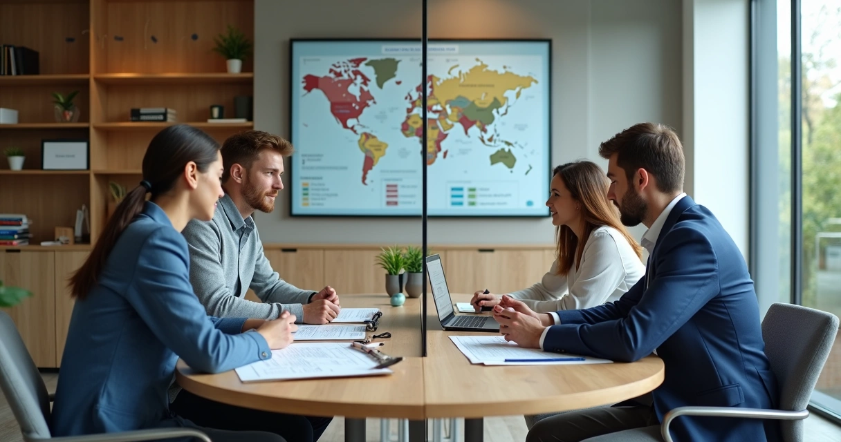Divisão visual entre consultor imobiliário e correspondente bancário orientando casal 
