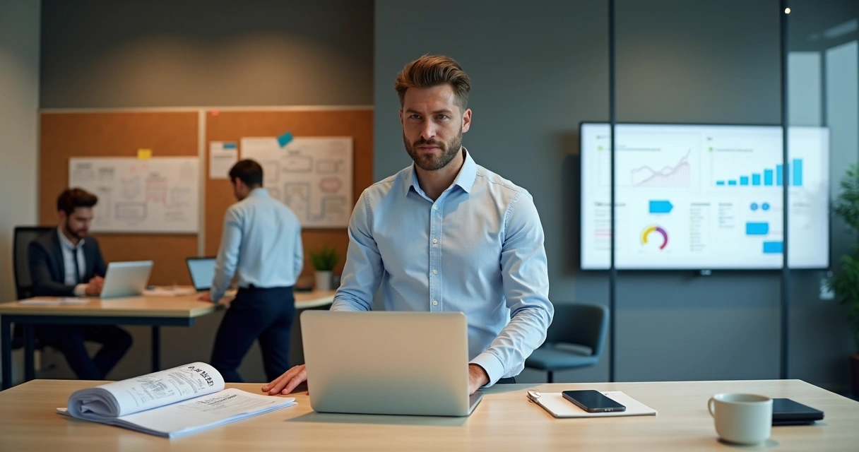 Gestor de PME equilibrando consultoria de RH tradicional e plataforma de recrutamento inteligente 