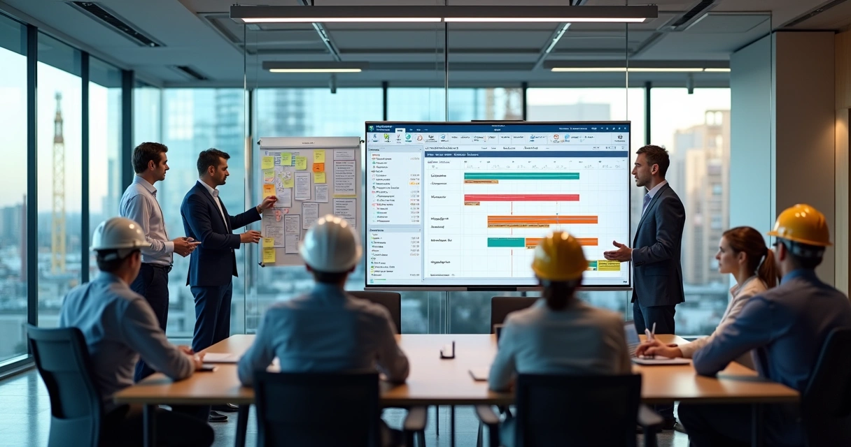 Comparação visual entre consultores de projetos e software de gestão de obras em painel digital 