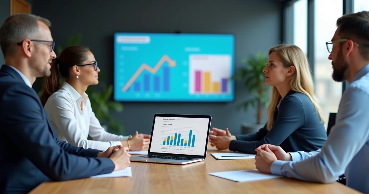 Profissionais de vendas discutindo ao redor de mesa com laptop mostrando gráficos e CRM ao fundo 