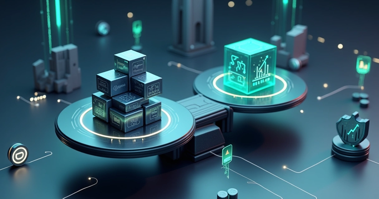 Balança digital comparando consultorias de IA com ícones de finanças ao redor 