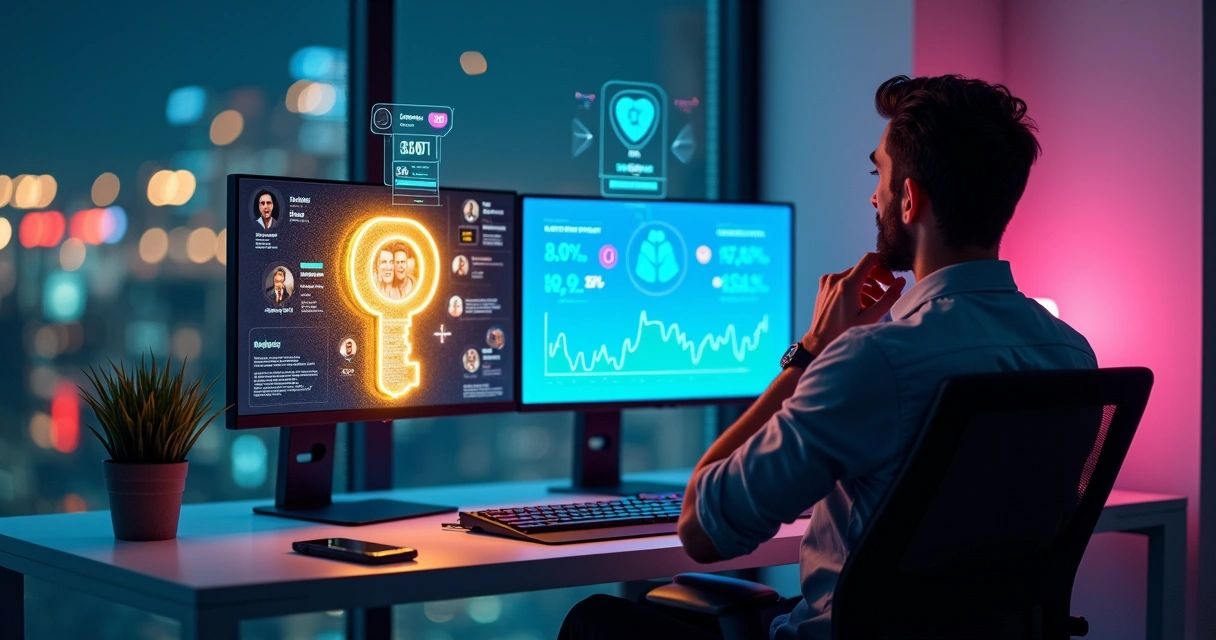 Empreendedor observando escolha entre conta pronta e campanhas de tráfego pago em ambiente digital futurista 