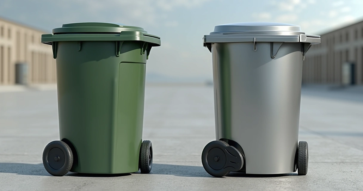 Comparação entre container plástico e metálico para lixo