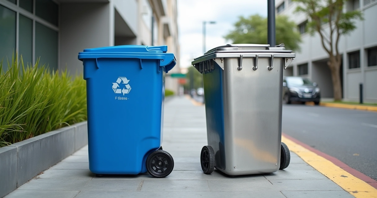 Containers de lixo plástico e metálico lado a lado em área urbana limpa 