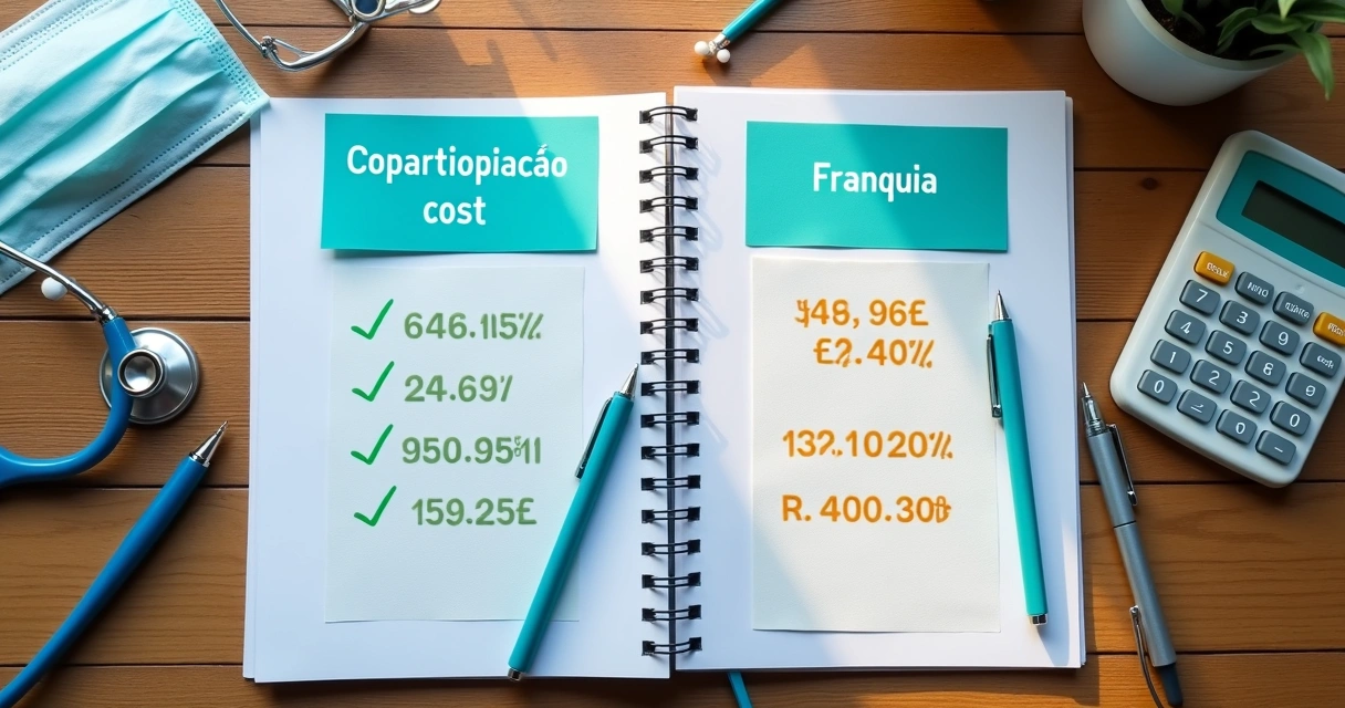 Divisão visual comparando dois tipos de plano de saúde em mesa com cadernos e recibos 