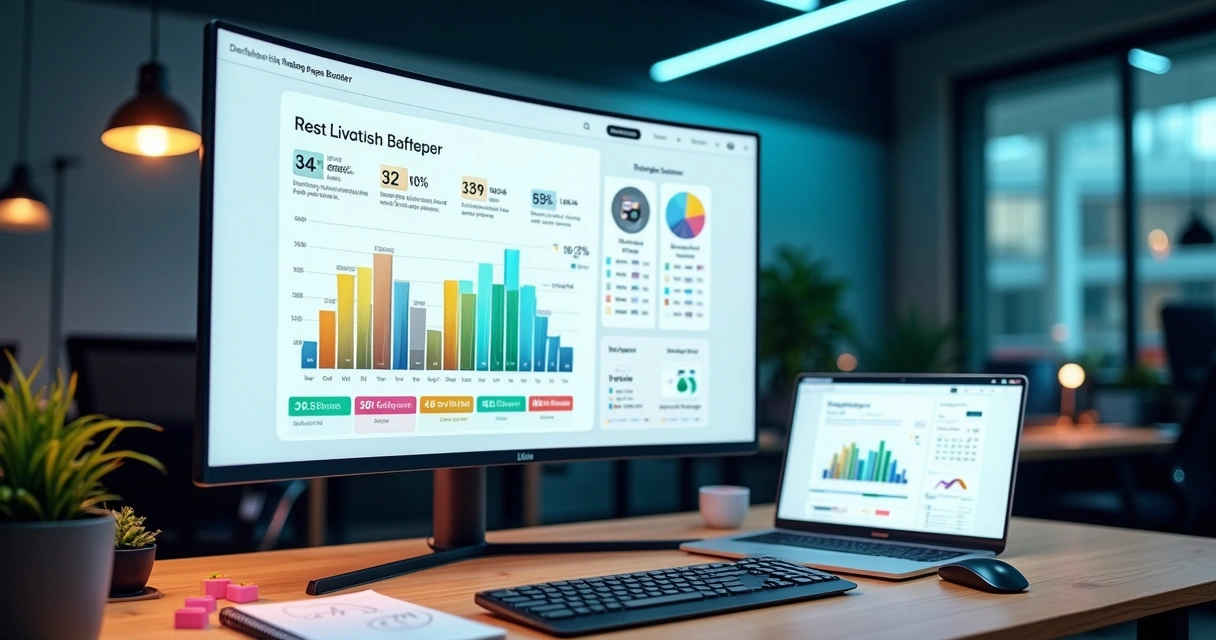 Painel digital comparando diferentes criadores de landing page em uma mesa de trabalho moderna 