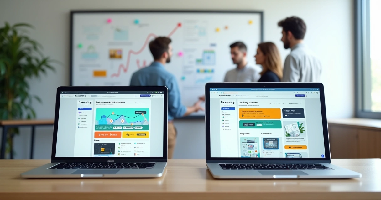 Tela dividida comparando dois criadores de landing pages em notebooks sobre mesa de escritório moderna 