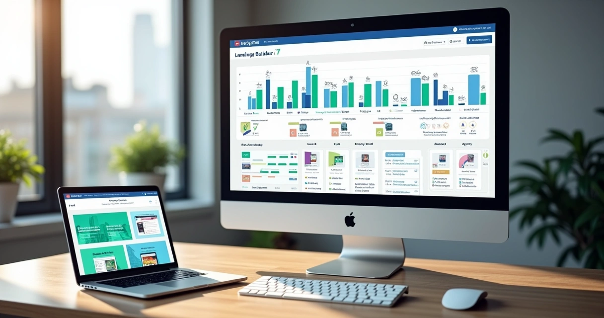 Tela de computador exibindo comparativo de criadores de landing page com gráficos de desempenho 