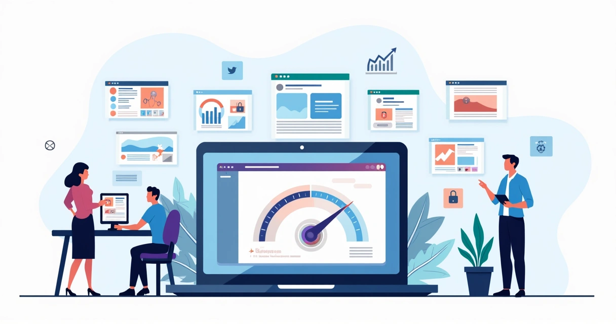 Ilustração comparativa de criadores de landing page em painel de análise 