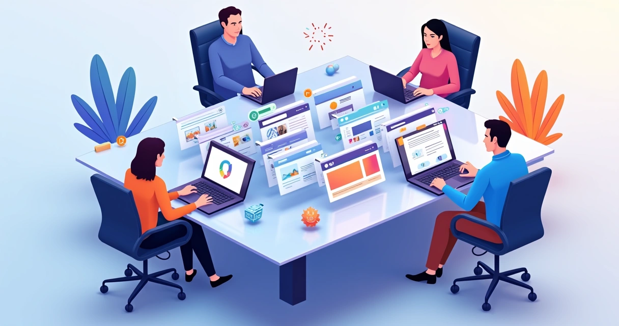 Comparação visual de diferentes criadores de site grátis em uma mesa digital colaborativa 