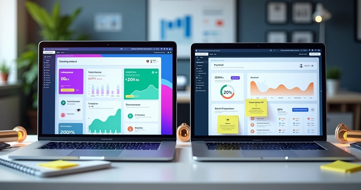 Tela dividida comparando dois criadores de site com gráficos de conversão em alta 