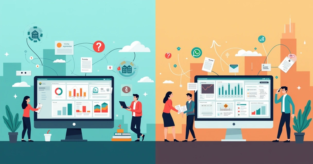 Comparação visual entre CRM imobiliário especializado e CRM genérico em ambiente corporativo 