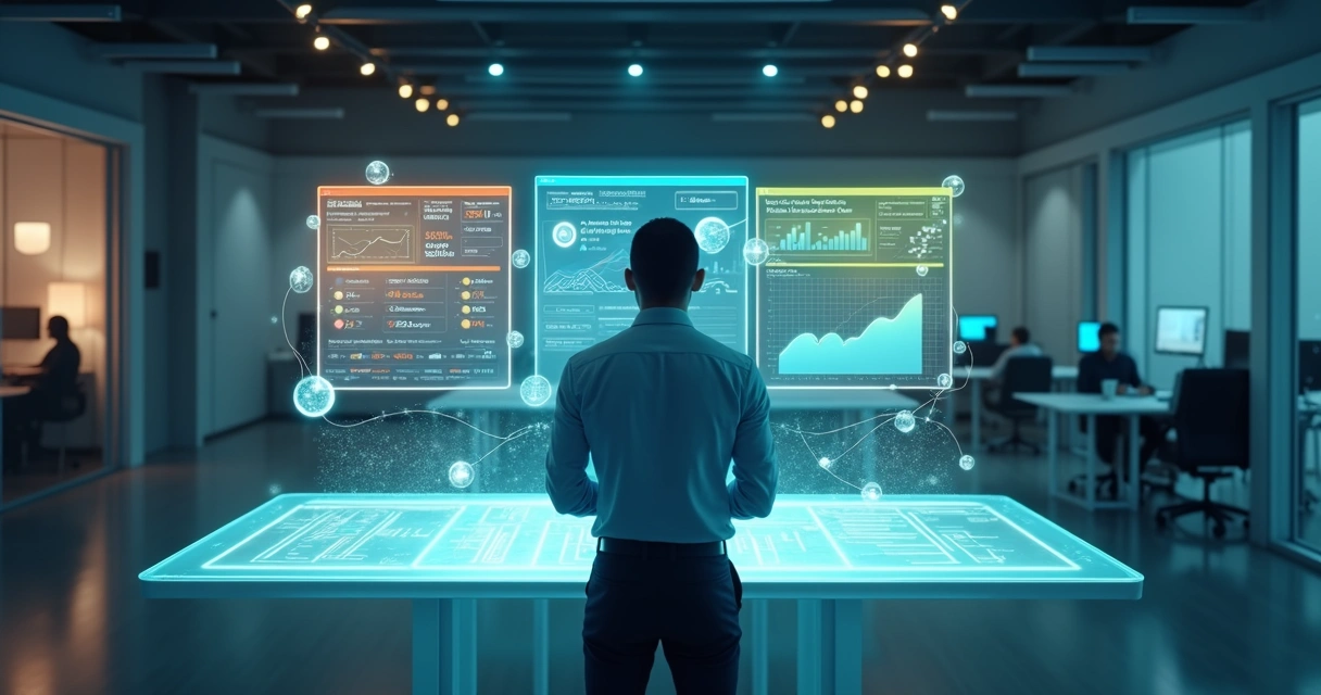 Manager in a data lab viewing CRM system comparisons in holograms