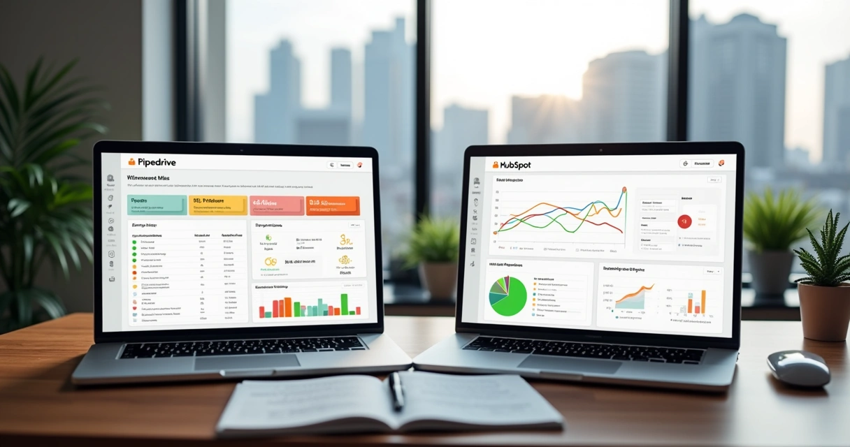 Tela dividida mostrando comparação visual entre Pipedrive e HubSpot em um dashboard de vendas 