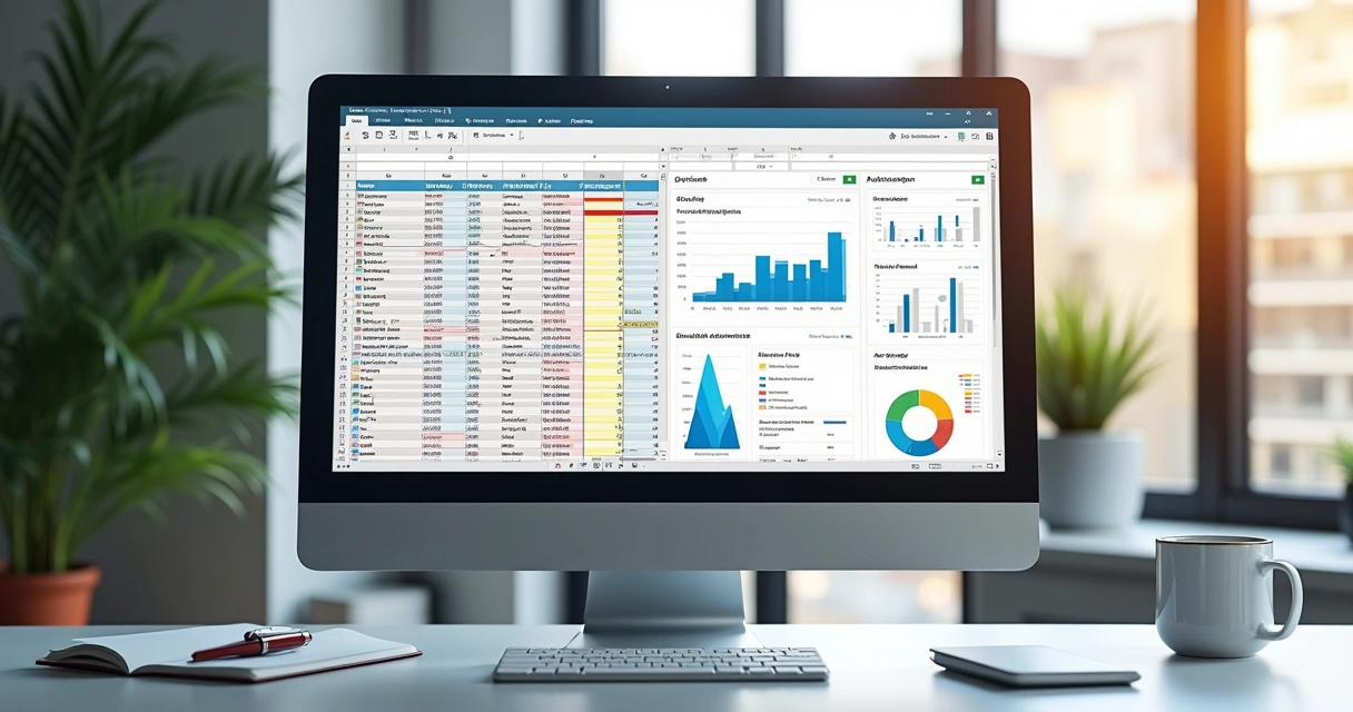 Computador exibindo tela dividida entre planilhas digitais e interface de CRM com gráficos 