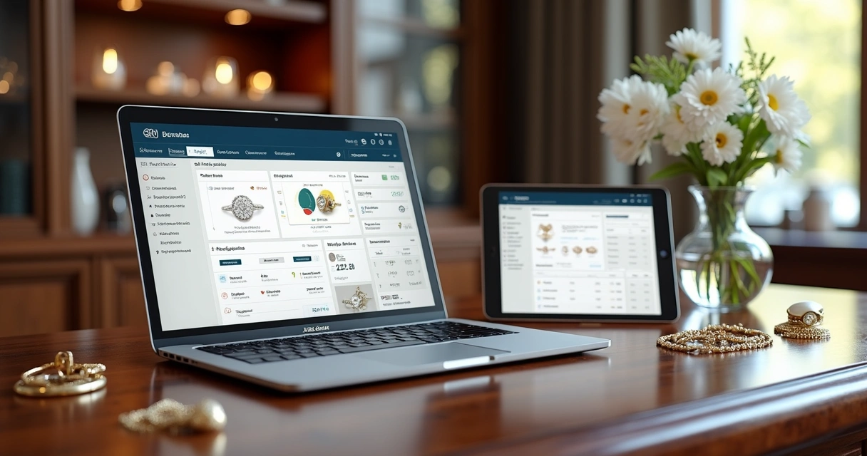 Mesa de trabalho elegante com laptop mostrando interface de CRM, e ao lado tablet exibindo software de controle de estoque para joalheria 