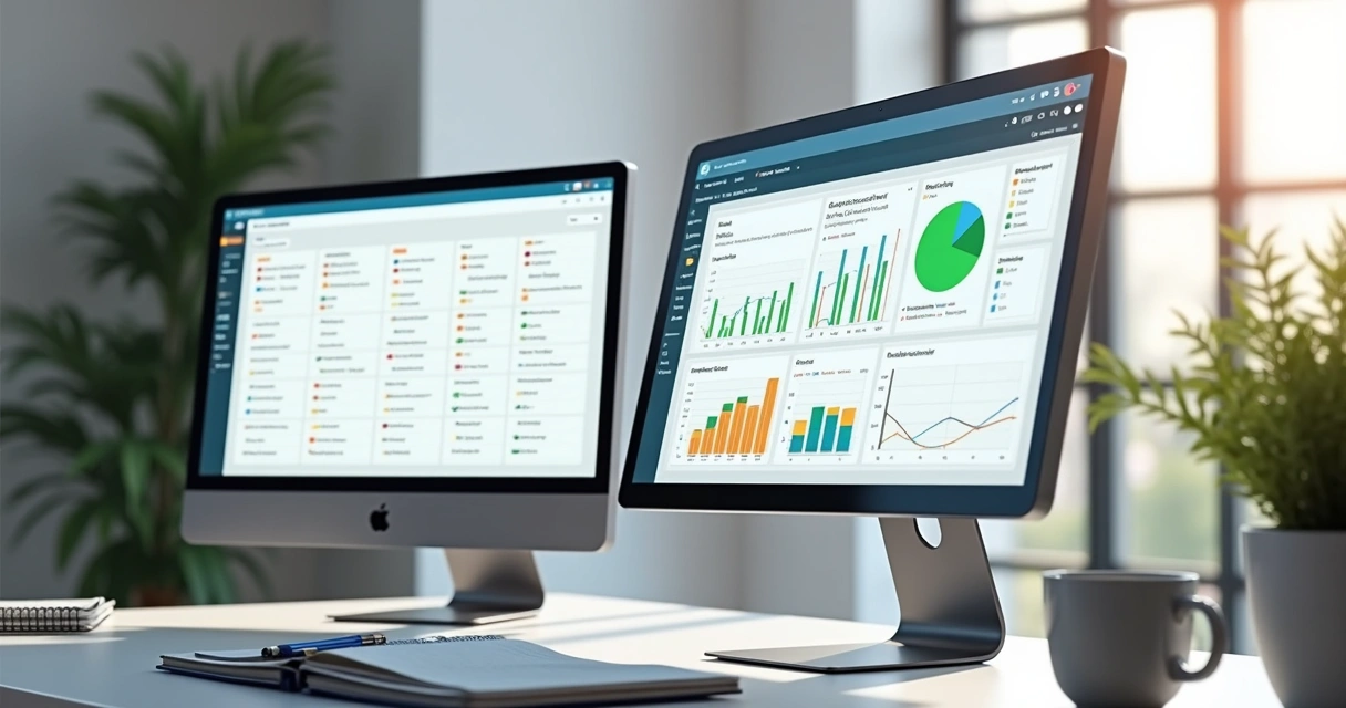 Computador mostrando tela dividida com CRM tradicional à esquerda e CRM com inteligência artificial à direita, gráficos e contatos organizados