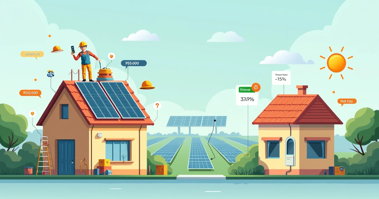 Comparação visual entre alto custo de placa solar e economia com energia por assinatura 